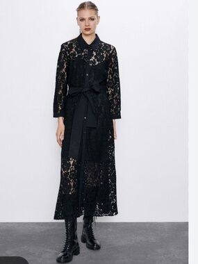 Zara Black Lace Shirt Dress with Waist Tie